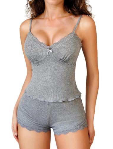 Image of Avidlove Women's Soft Ribbed Knit Cami Pajama Set Sexy V Neck Lace Trim Sleepwear Side Slit Shorts Lingerie Nightwear