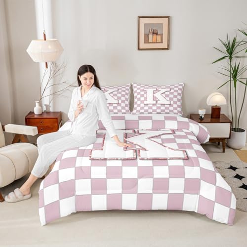 Image of Erosebridal Pink Initial K Kids Comforter Sets Kawaii Plaid Checkered Queen Bedding Set for Girls Teen Women Cute Personalized Monogram Comforter Set,Fashion Grids Gingham Quilt Duvet 3 Pcs