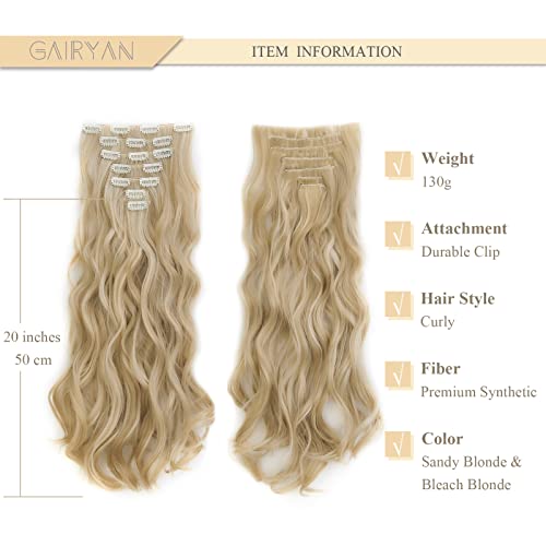 Gairyan 20inch Curly Hair Extensions Clip in Long Hair Extension Highlight 7PCS Full Head Synthetic Wavy Hairpiece for Women (Sandy Blonde & Bleach Blonde) - Image 2