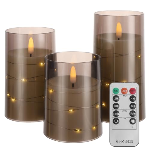 Image of Flickering Flameless Candles with Timer - Durable Acrylic Glass Shell, with Embedded Star String, Battery Operated Candles with Remote for Romantic Ambiance and Home Decoration (Set of 3, Grey)