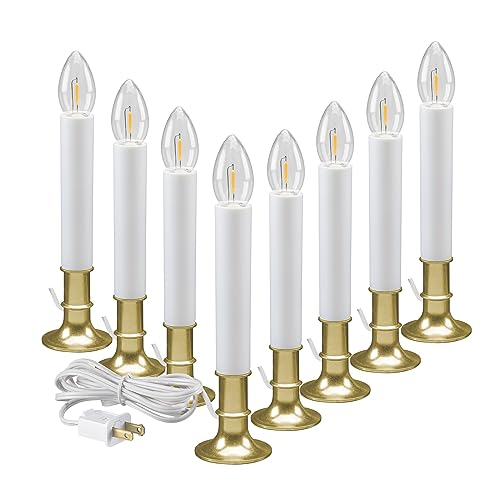 Image of Xodus Innovations AC1120B-8 Electric Plug-in 8.25 inch Flameless Window Candle with Dusk to Dawn Light Sensor Timer, White Candle with Brass Base Pack of 8