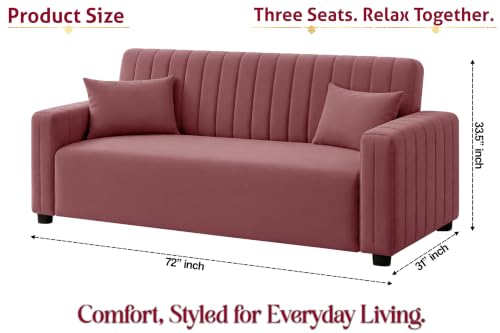 Image of Modern 3 Seater Sofa | Vertical Channel Tufted Backrest & Armrests | Plush Cushioned Seating | Contemporary Upholstered Couch for Living Room, Bedroom & Office - Rose Pink Color