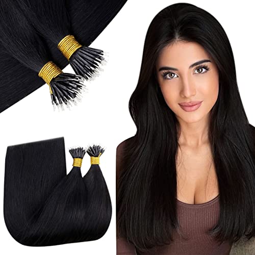 RUNATURE Nano Hair Extensions Real Human Hair Black Nano Beads Hair Extensions Human Hair Natural Black Invisible Nano Ring Straight Remy Hair 50g 50s 14 Inch #1