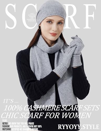 Luxury Warm 3 Pieces 100% Cashmere Scarf Hat Gloves Set for Women Beanie Hat Gift Box2