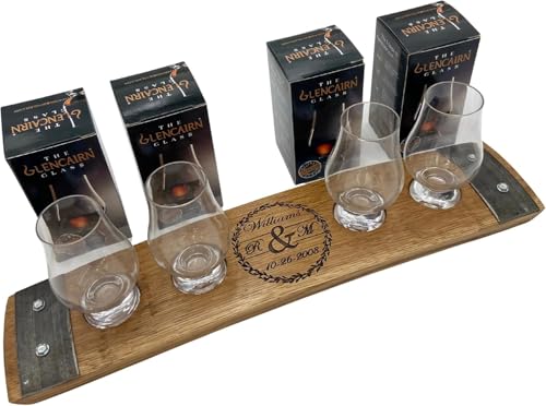 Barrel-Art Personalized Premium 4 Glass Whiskey Flight/Engraved Center/Personalized Gift/Crystal Glass Option/Natural Oak Color (Wedding/Anniversay)