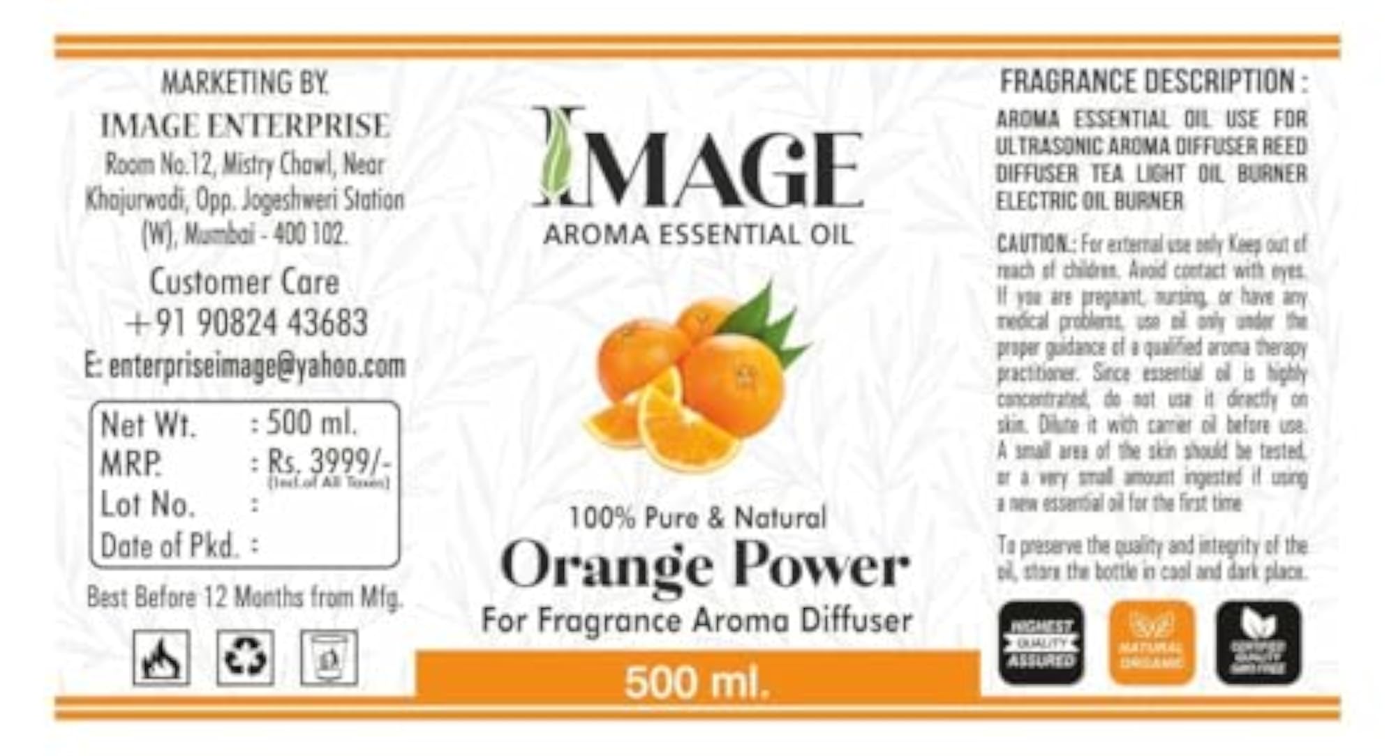 Natural Aroma Diffuser Fragrance Oil, Orange Power, 500ML