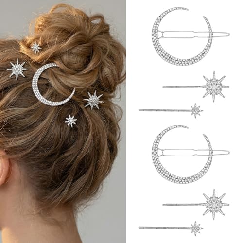 6 fermagli per capelli a forma di stella e luna, graziosi fermagli per capelli con cristalli, accessori per capelli vintage, per donne e ragazze (argento)
