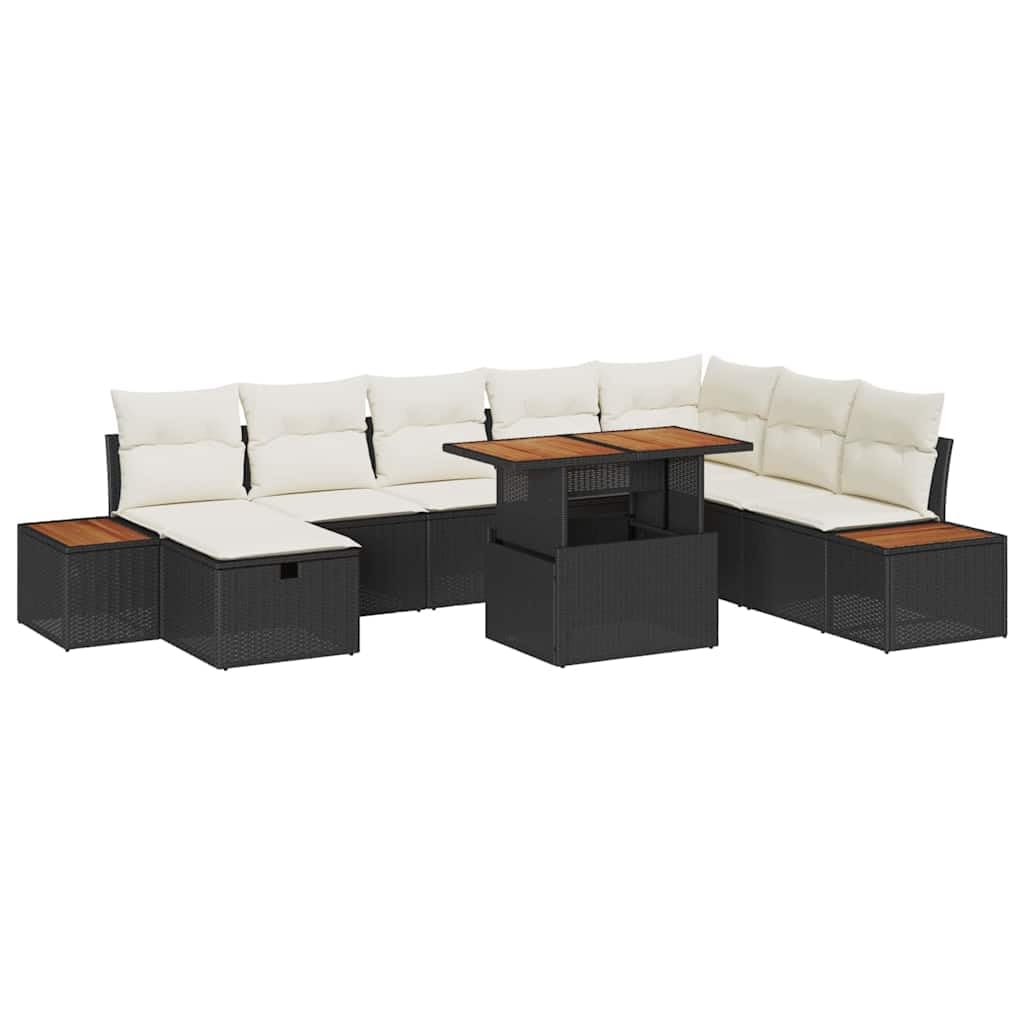 Ensemble de canapés de jardin moderne avec coussin en rotin synthétique noir, canapé de jardin modulaire avec table réglable et compartiments cachés.