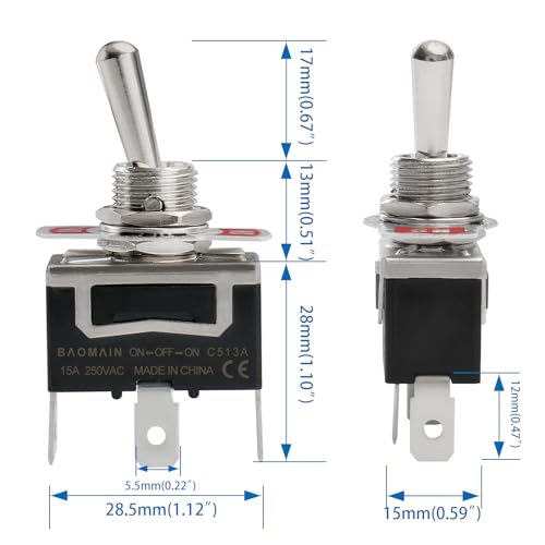Baomain BM-C513A Toggle Switch Spdt On/Off/On 3 Position 250Vac 15A 1/2 Inch C513A Mounting Hole Tab Terminal 1/4 Inch Width thumb #6