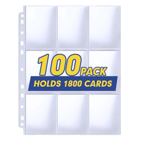 Trading Card Sleeve Pages, PANDRI 100 Pack 9 Pocket Trading Card Storage Album Pages 11 Holes Fit 3 Ring Binder