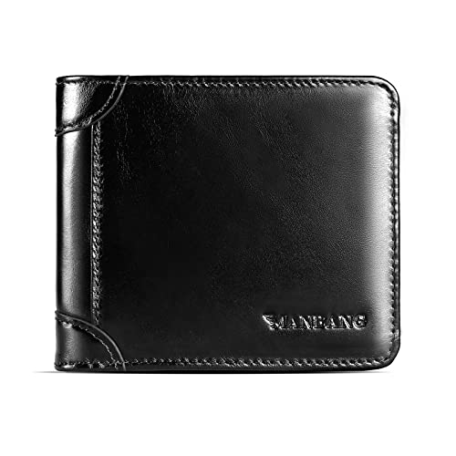 MANBANG 【Couro de vaca genuíno】 Carteira masculina de marca luxuosa original curta três dobras primeira camada bolsa de couro de vaca negócios horizontal moda, Preto, Couro de vaca genuíno