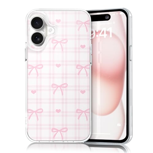 Coque fine iPhone 16 anti-rayures imprimé nœud et cœurs blush
