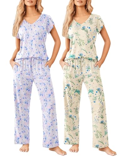 Image of Ekouaer 2 Pack Womens Pajamas Short Sleeve Sleepwear Top with Pants Super-Soft Printed Lounge Sets S-XXL