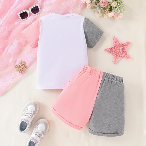 Cakaner Kids Toddler Girl Clothes Outfits Color Clash Short Sleeve Heart Print Tops Summer Shorts Set(6-7t)