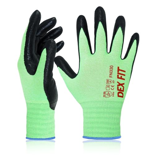 DEX FIT Nitrile Work Gloves FN330, 3D Comfort Stretch Fit, Firm Grip, Touchscreen, Thin & Lightweight, Breathable Foam Nitrile, Machine Washable; Green 9 (L) 3 Pairs