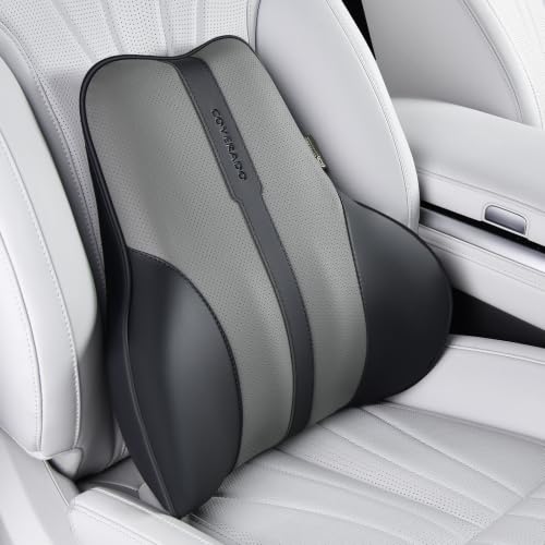Image of Coverado Lumbar Support Pillow for Car, Ergonomic Memory Foam Back Pillow for Office Chair, Back Cushion for Back Pain Relief, PU Leather Car Lumbar Support for Driving Seat - Black&Gray