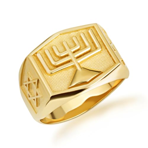 10K Yellow Gold Jewish Star Of David Menorah Signet Ring - Size 4