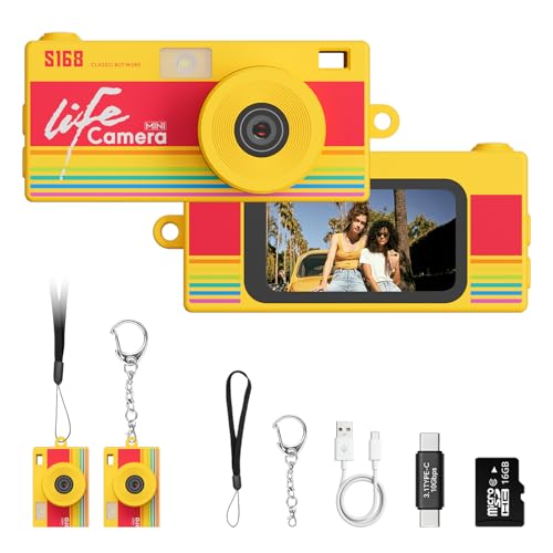 Dienspeak Mini Keychain Digital Camera Yellow Y2K Retro Pocket Camera with 1.47 Inch Screen 1440P Video 2MP Photos 16GB Card Flash Type C Tiny Vintage Camera for Kids Teens Travel Vlogging