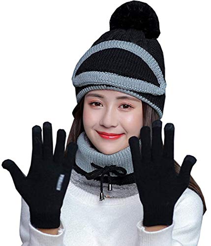 JFAN 4 in 1 Invernale di Cappello e Sciarpa Set Moda Donna Spessa Fodera in Pile Termico（Cappello Lavorata a Maglia, Visiera, Protezione per Le Orecchie, Guanti） Multicolore Carino Hat