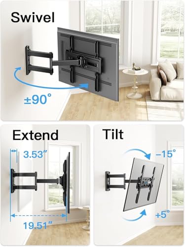 Image of Pipishell Full Motion TV Wall Mount for Most 26-65 inch Flat & Curved TVs up to 77 lbs, Adjustable Bracket Height, Corner TV Mount with Single Articulating Arm, Max VESA 400x400mm, PIMF9