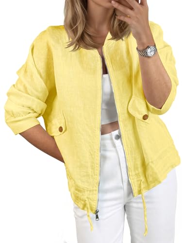 Tankaneo Womens Lightweight Bomber Jackets Casual Zip Up Drawstring Cotton