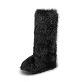 WOVOIE Knee High Fur Boots for Women Faux Fur Boots, Fluffy Round Toe, Winter Cosy Plush Warm Outdoor Snow Boots (black, Adult, Women, 7.5, Numeric, US Footwear Size System, Medium)
