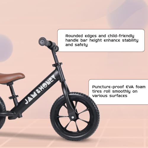 Image of Amazon Brand - Jam & Honey 12T Balance Bike for Kids | Adjustable Handlebar & Seat | Anti-Puncture Wheels | Max Weight 25 Kg | 2+ Years | Black