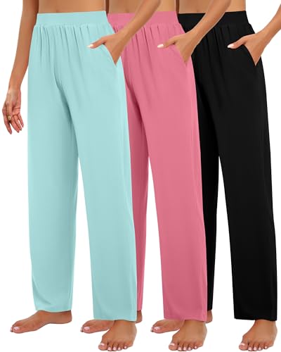 Huukeay 3 Pack Women's Lounge Pants, Cozy Wide Leg Lounge Slacks with Pockets Loose Flowy Yoga Sweatpant Workout Comfy Jogger(Black, Rose Pink, Mint Green,Medium)