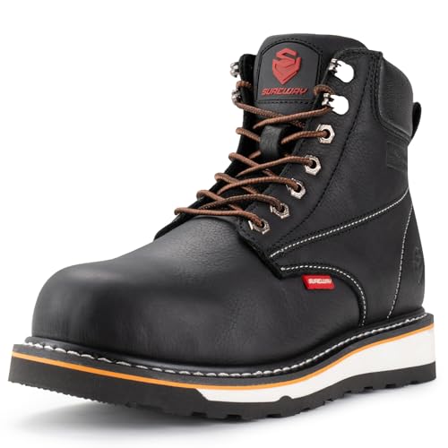 SUREWAY 6 in Mens Heavy Duty Soft/Steel Toe Work Boots for Men,Goodyear Welted,Full Grain Leather,Slip Resistant,EH Safety Industrial Construction Boot,Soft Toe Black White,Size 9.5