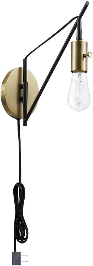 51343 1-Light Plug-in or Hardwire Wall Sconce, Bronze Finish, Brass Accents, 6ft Black Woven Fabric Cord, Flat Plug, Socket Rotary On/Off Switch, Bulb Not Included