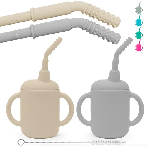 Image of Little Skipper Baby Straw Cups 6-12 Months 2 Pack. 4oz Silicone Sippy Cup with No-Pull Straw Stopper. Teething Bumps Straw Cup for 6 Month Old Baby. Soft Transition Cup Infant Sippy Cups 6-12 Months