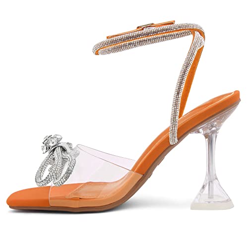 Shoe Land Women’s Clear Rhinestone Bow Heels – Double Bowknot & Adjustable Ankle Strap | Crystal Stiletto High Heels with Square Open Toe for Wedding & Party4
