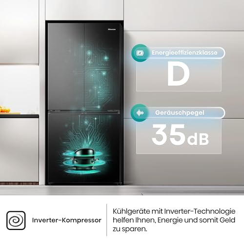 Hisense RQ5P470SAFD Cross-Door Kühl-Gefrier-Kombination, 304 Liter Kühlteil, 179 Liter Gefrierteil, Total NoFrost, Wifi, Multi AirFlow, FastFreeze, Energieeffizienzklasse D, 178,5cm x 79,4cm, schwarz