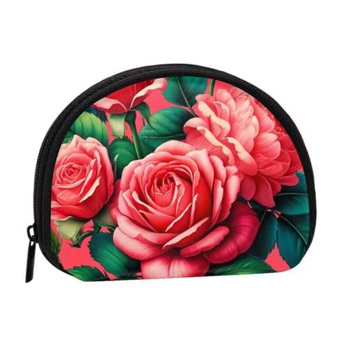 Portable Coin Purse Clusters-Roses-Floral Mini Zippered Money Pouch Card Holder