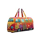 Hippie Van Quilted Duffle, Bag–Boho-Wochenendtasche mit Verstellbarem Tragegurt Quilted Duffle Bag, Bus Design, Retro-Stil für Damen/Herren, Deal für Kurztrips Reisetasch für Urlaub & Party