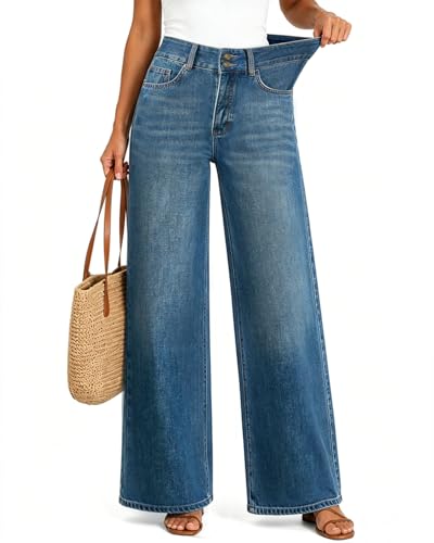 UPNET Women’s High Waisted Baggy Jeans – Stretchy Wide Leg Tummy Control Straight Leg Denim Pants Trendy Jeans for Women 2025 (Blue,8)