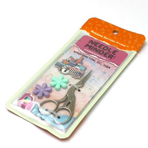 Image of Awesome Pattern Studio Needle Minder Set - Washington Magnetic Needle Minder + 2 Needle Threaders + Crane Scissors. Enamel Pin for Cross Stitch, Embroidery and Craft
