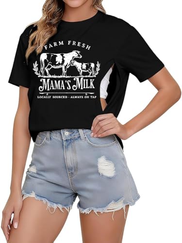 Women's Nursing Shirts for Breastfeeding with Hidden Zippers Loose Fit Maternity Tops Distressed Acid Washed Graphic Tees