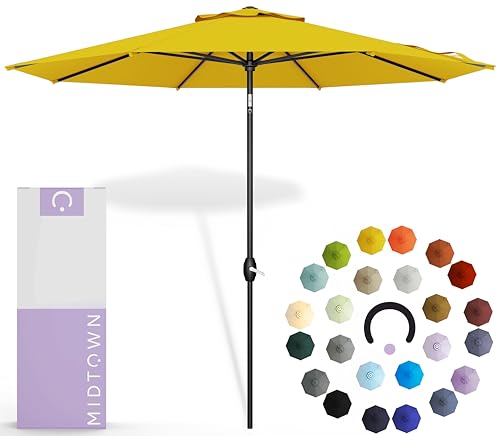 Image of Midtown Umbrellas 10-Year-No-Fade - 8 Ft - UV Proof Sunflower (Yellow) Fabric - Umbrella Outdoor Patio, Auto-Tilt Aluminum Frame Patio Umbrella for Garden, Pool & Deck - Black Pole