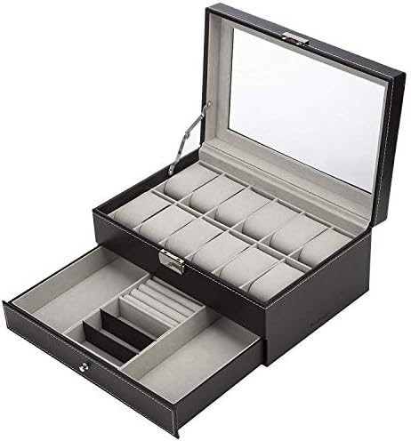 READAEER Watch Storage Box 2 Layers, Jewellery Organiser Drawer Case, Glass Topped, with Velvet Lining, Cushions and Lock, for Watches Jewelry and Sunglasses Storage.