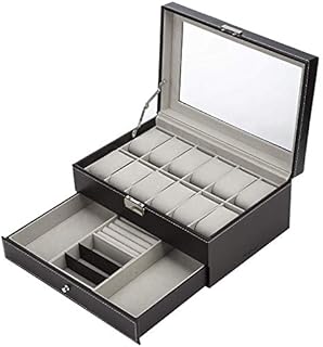 READAEER Watch Storage Box 2 Layers, Jewellery Organiser Drawer Case, Glass Topped, with Velvet Lining, Cushions and Lock, for Watches Jewelry and Sunglasses Storage.