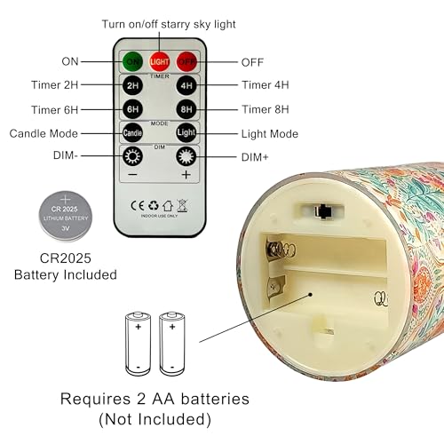 Image of Printed Flameless Candles with String Lights - Set of 3 Colorful Battery Operated Candle Flickering Floral LED Pillar Candles with Timer Remote for Home Decor Romantic Ambiance,BFLY