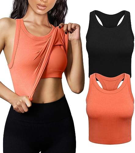 OYS Women’s 2 Piece Basic Racerback Tank Top Sleeveless Ribbed Workout Crop Tops