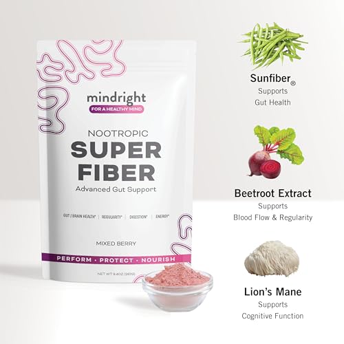 mindright Nootropic Super Fiber - Advanced Gut Support - with Prebiotic Fiber, Beet Root Extract, Lion’s Mane to Supports Daily Active Lifestyle - Great Tasting Mixed Berry - 1 Count - 30 Day Supply - Image 4
