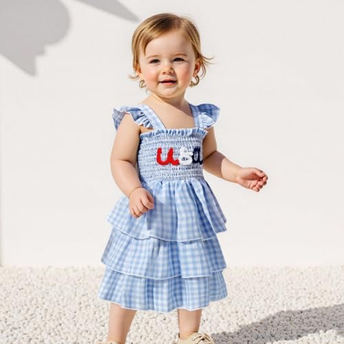 Toddler Girl Dresses 4th of July Smocked Dress Sleeveless Ruffle Layered Plaid Summer Sundress Patriotic Clothes3