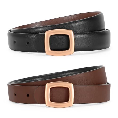 Women Reversible Belt Ladies Waist Belt for Jeans Pants Dresses Coat with Gold Square Buckle