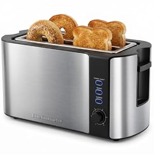 Elite Gourmet ECT-3100 4-Slice Long Slot Toaster, Stainless Steel | Extra-Wide Slots Fit Bagels, Sourdough & Texas Toast, 6 Browning Settings, Reheat, Defrost & Cancel, Built-In Warming Rack