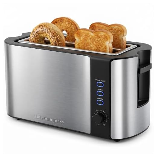 Elite Gourmet ECT-3100 4-Slice Long Slot Toaster | Extra Wide Slots for Bagels, Sourdough & Texas Toast | 6 Browning Settings | Reheat, Defrost & Cancel | Built-In Warming Rack | Stainless Steel
