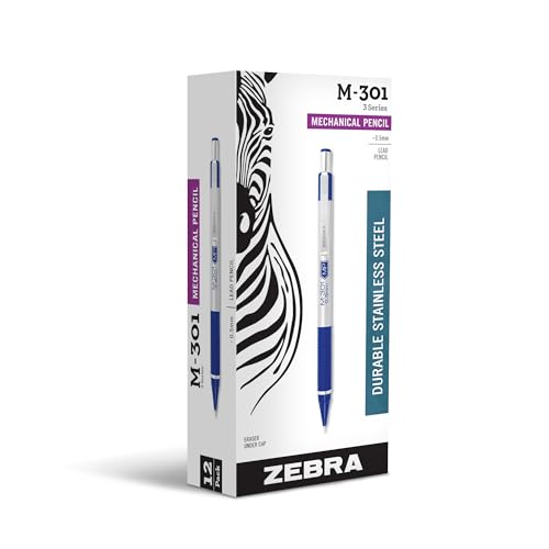 Zebra Pen, STEEL M-301 Mechanical Pencils, 0.5mm Fine Point, Refillable Lead, Stainless Steel Barrel, Built-in Eraser, Blue Grip, Durable Clip, School or Office Pencils, 12-Pack (54020)