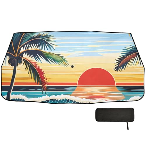 Kagirah Tropical Beach Pattern Windshield Sun Shade Umbrella, Foldable Car Windshield Sun Shade Cover for Car Truck SUV, Black Sunscreen Coating, 58 x 29.7in